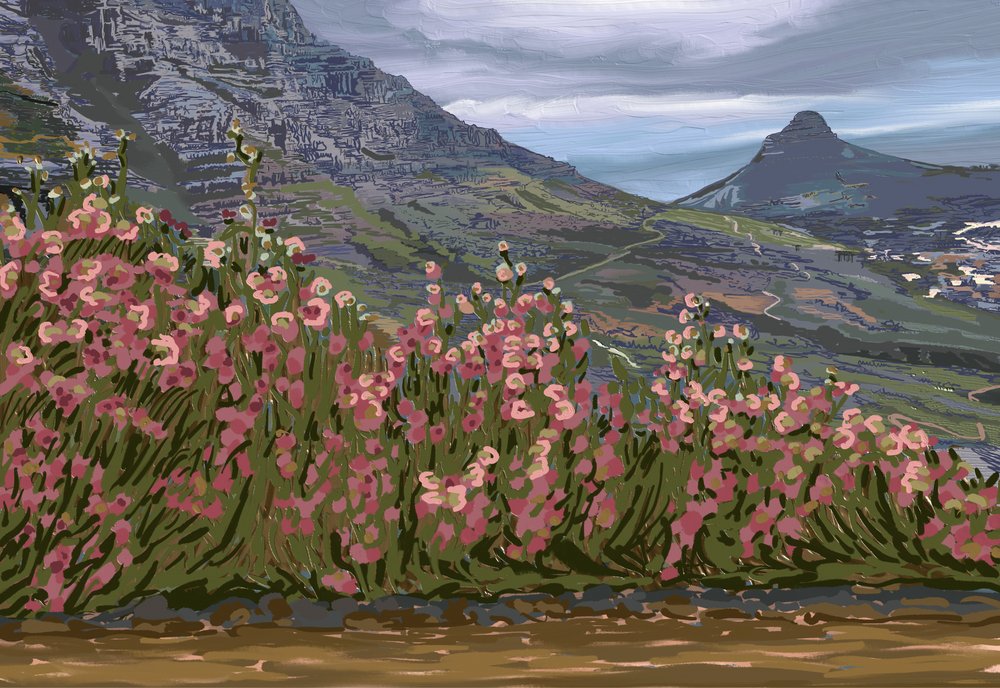Bjergudsigt med lyserøde blomster af Jenna Alheit