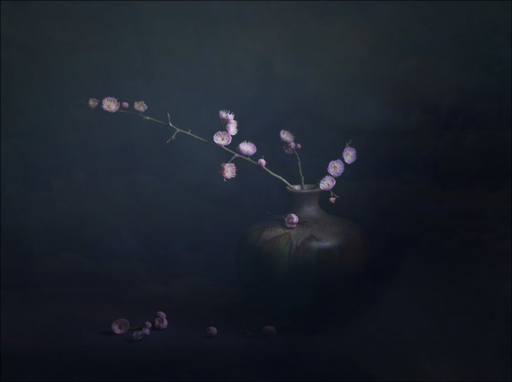 Stilleben med blomstrende blomme af John-Mei Zhong