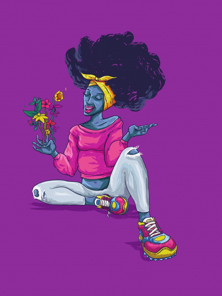 Glædestrålende afro-kvinde med blomster af Joshua msonthe