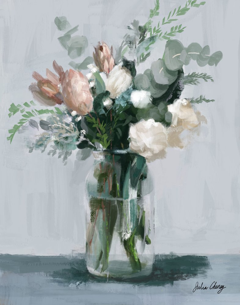 En buket med lyserøde og cremefarvede blomster af Julia Cheney