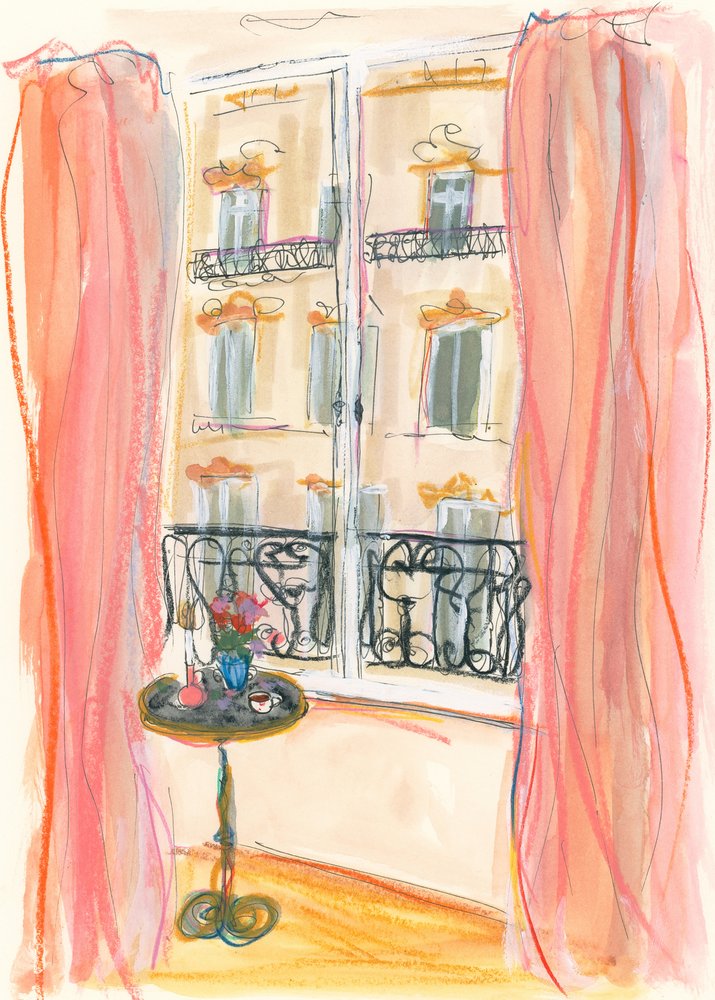 Illustration af udsigten fra et vindue i Paris af Katharina Puritscher
