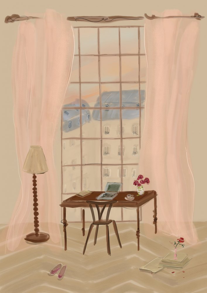 Illustration af udsigt fra et vindue i Paris med rustikt skrivebord af Katharina Puritscher