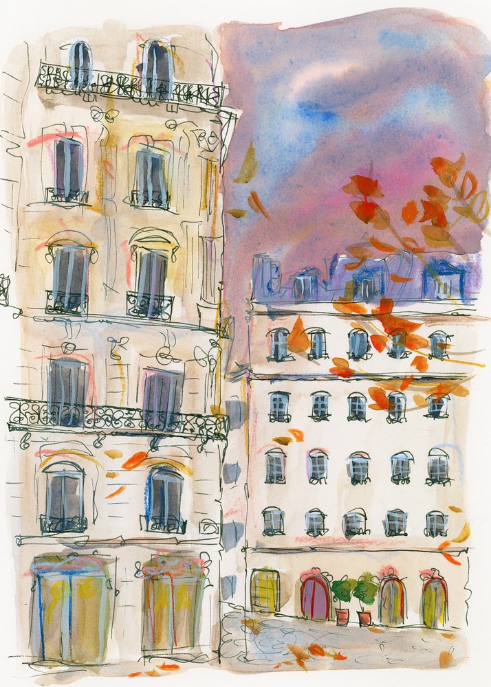 Et gadehjørne i Paris med lilla himmel af Katharina Puritscher