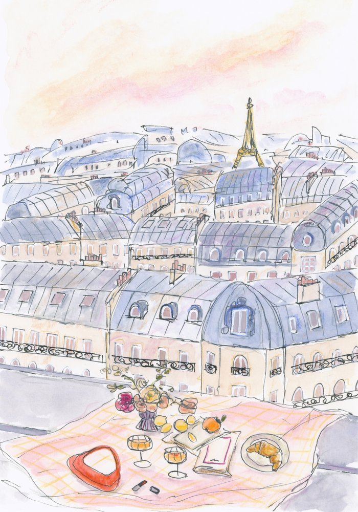 Picnic på en tagterrasse i Paris med udsigt til Eiffeltårnet af Katharina Puritscher
