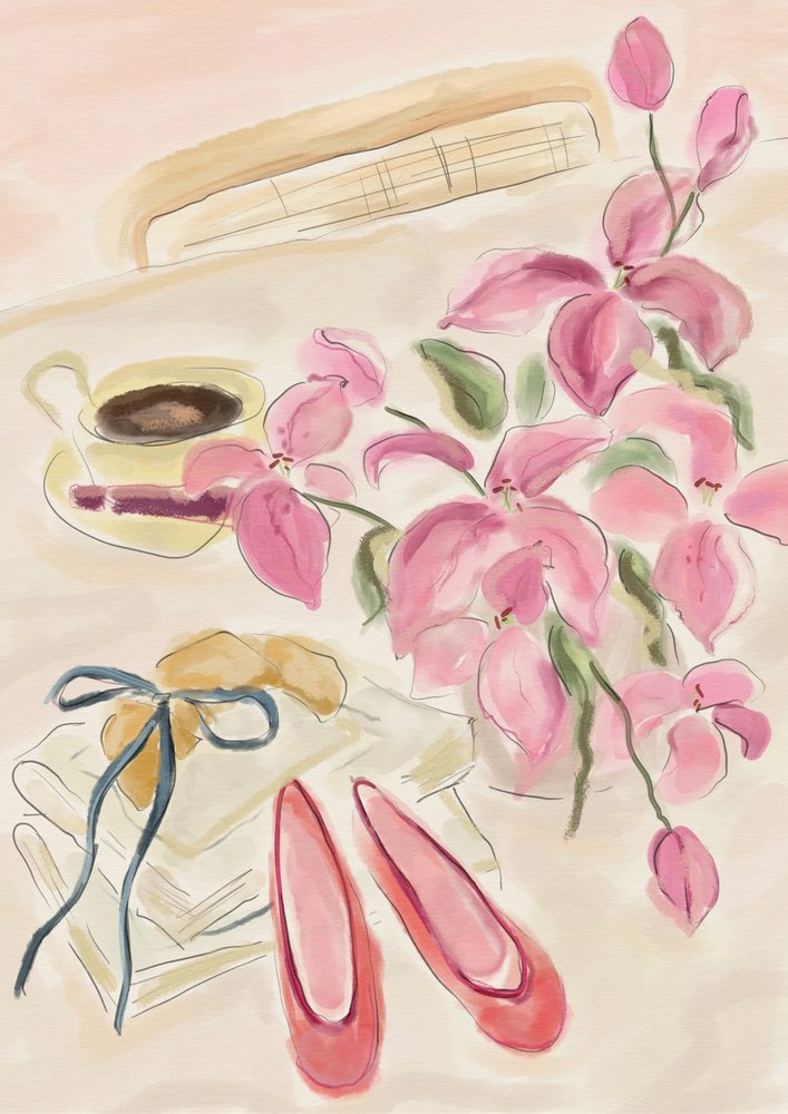 Stilleben-akvarelillustration med ballerinaer af Katharina Puritscher