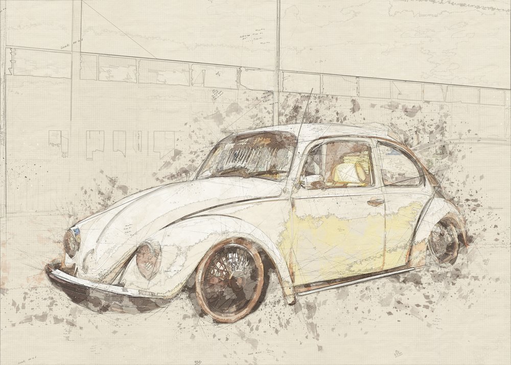 Tegning af en klassisk Beetle af Lembayung senja studio [Vintage Poster]