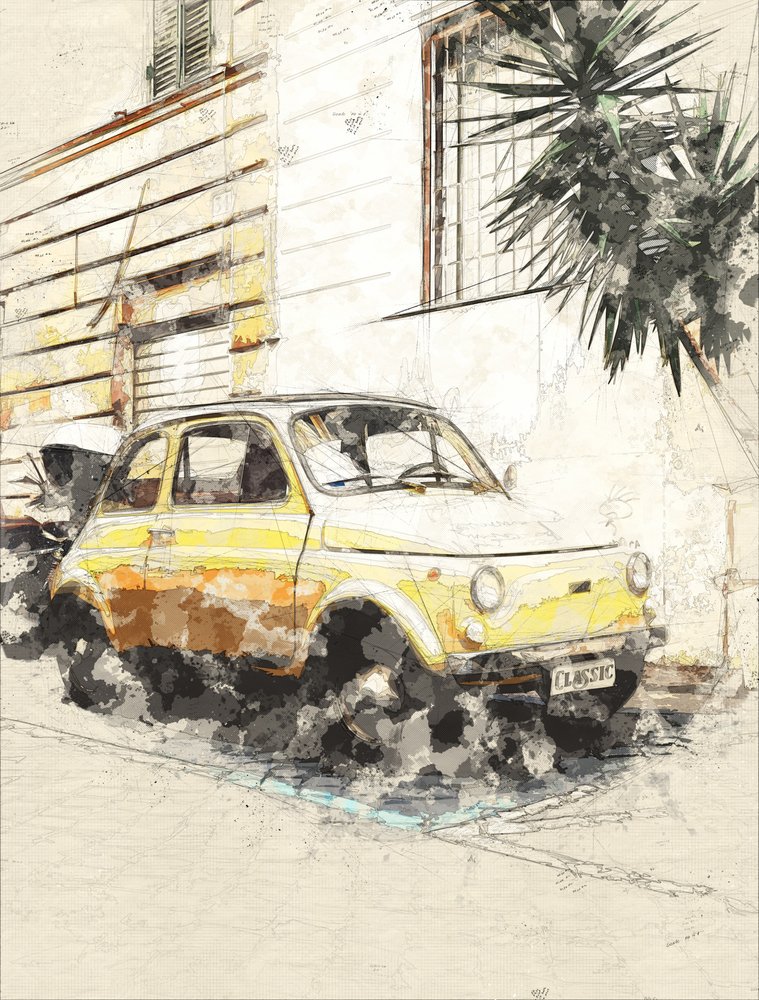 Klassisk gul Fiat af Lembayung senja studio [Vintage Poster]