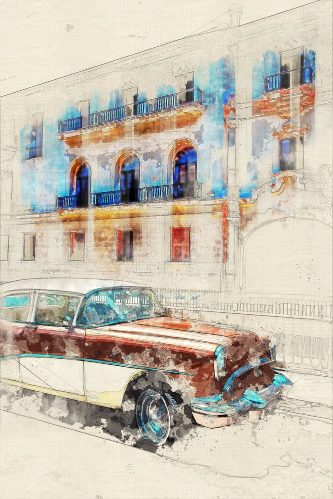 Skitse af en klassisk bil i Havana af Lembayung senja studio [Vintage Poster]