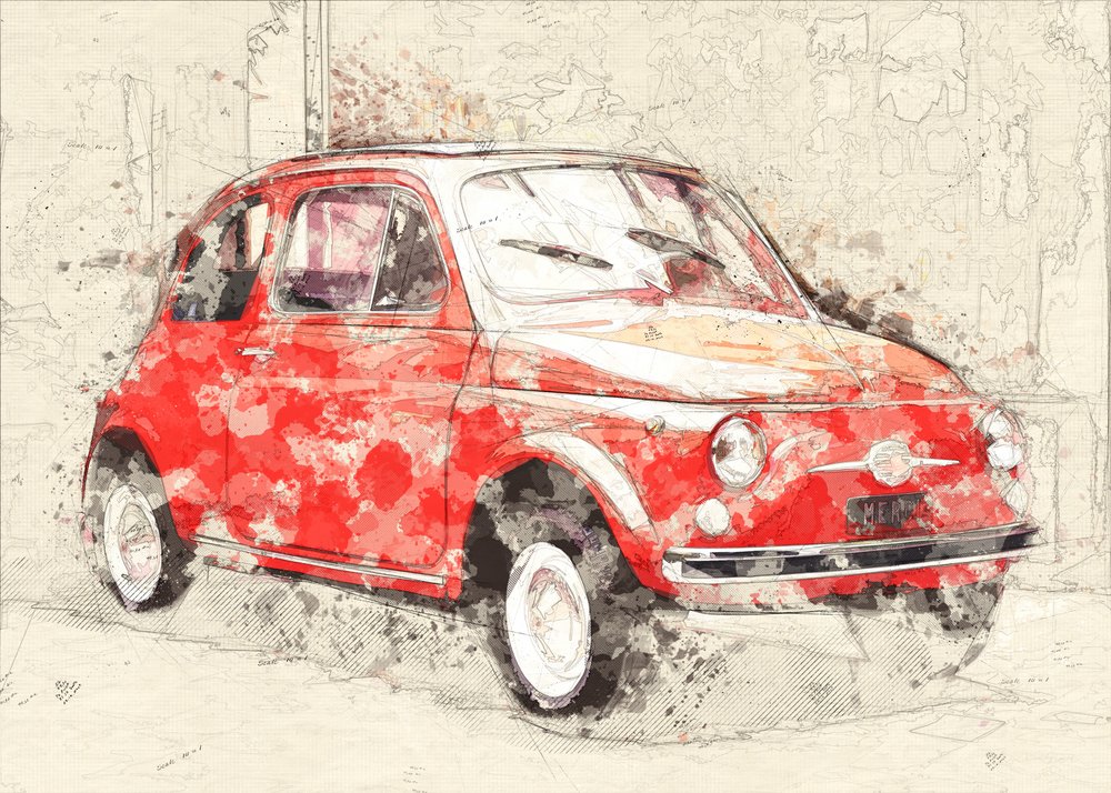 Tegning af en rød klassisk bil af Lembayung senja studio [Vintage Poster]