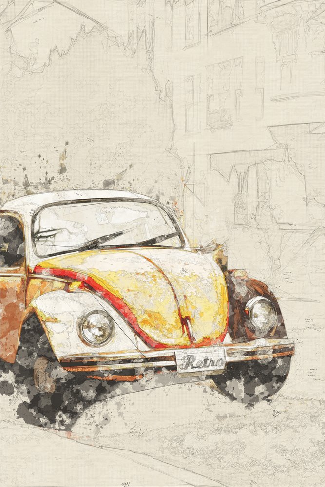 Retro gul Beetle af Lembayung senja studio [Vintage Poster]