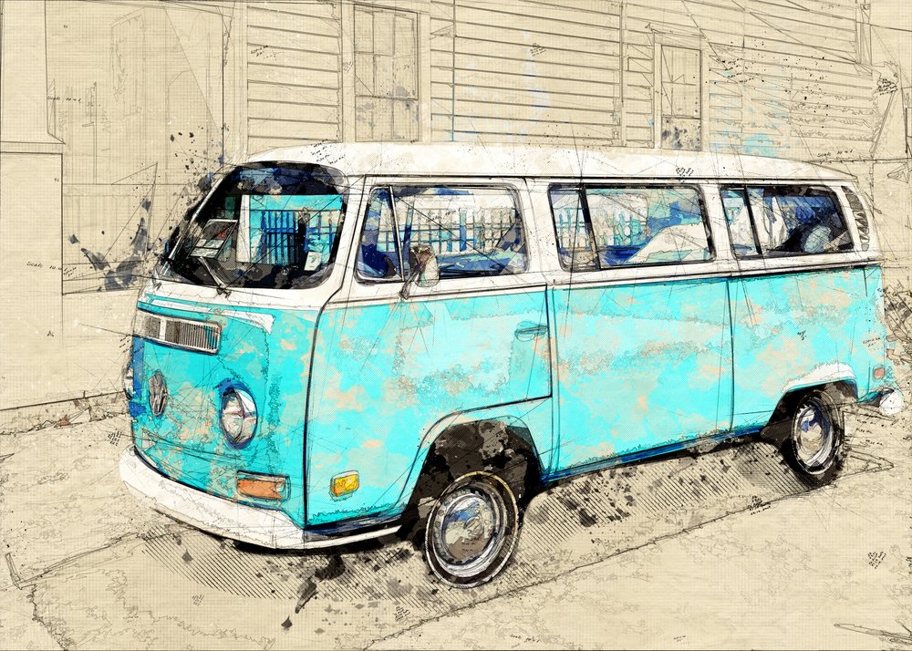Vintage blå autocamper af Lembayung senja studio [Vintage Poster]