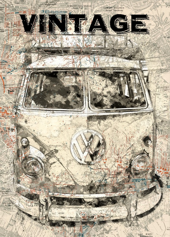 Rejsekort over vintagebusser af Lembayung senja studio [Vintage Poster]