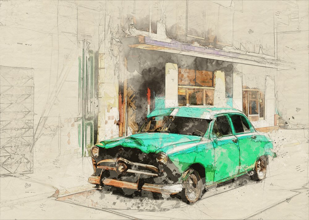 Vintage-tegning af en grøn bil af Lembayung senja studio [Vintage Poster]