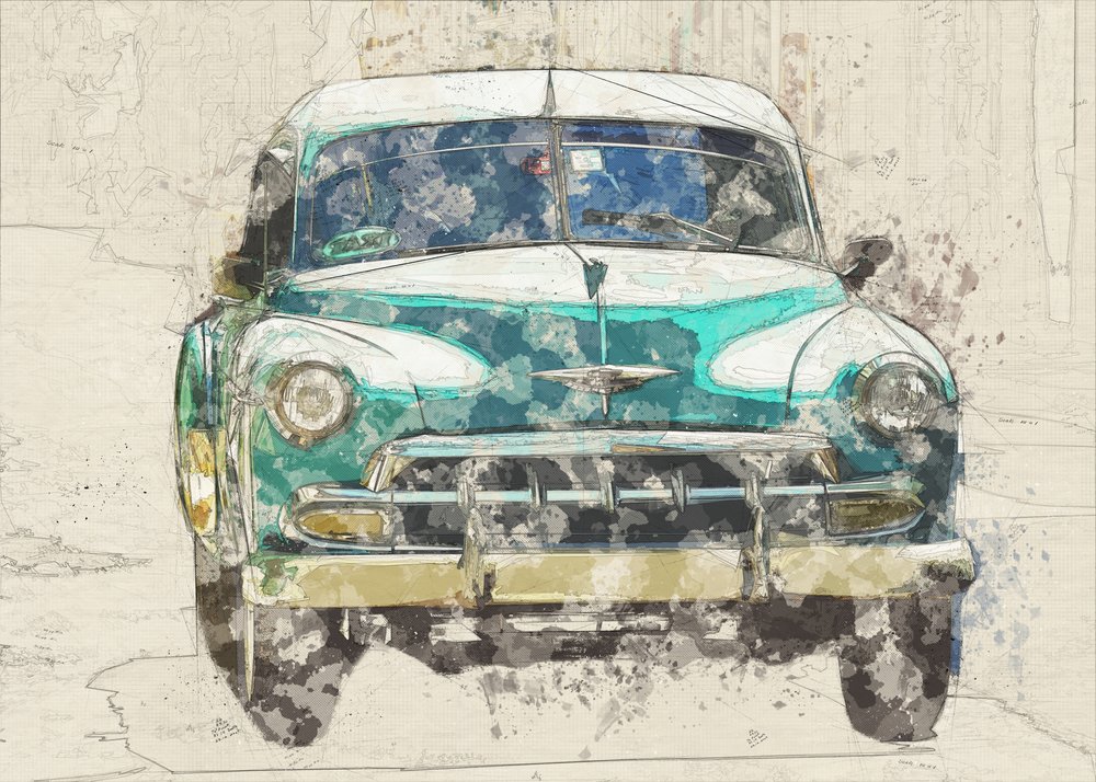 Vintage-tegning af en grøn bil af Lembayung senja studio [Vintage Poster]