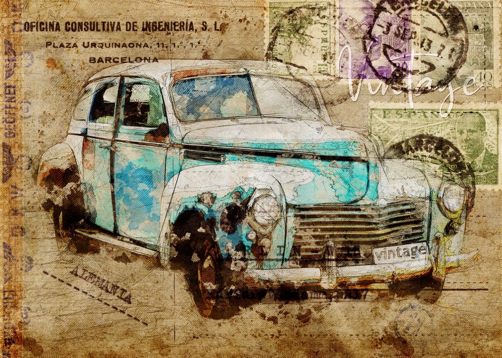 Vintage rejsebil af Lembayung senja studio [Vintage Poster]