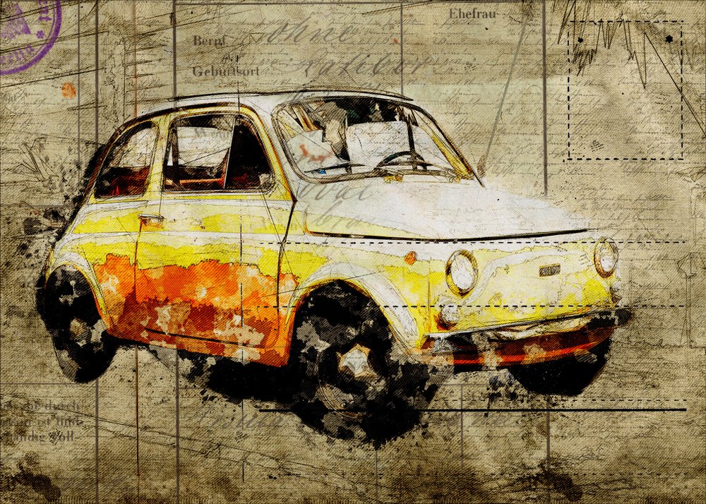 Vintage gul Fiat 500 af Lembayung senja studio [Vintage Poster]