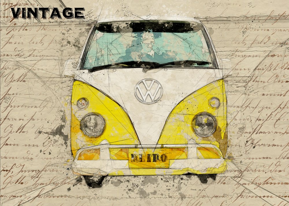 Tegning af en gammel gul varevogn af Lembayung senja studio [Vintage Poster]