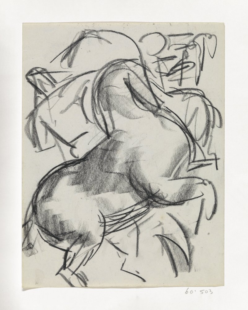 En springende hest med en figur i baggrunden af Leo Gestel