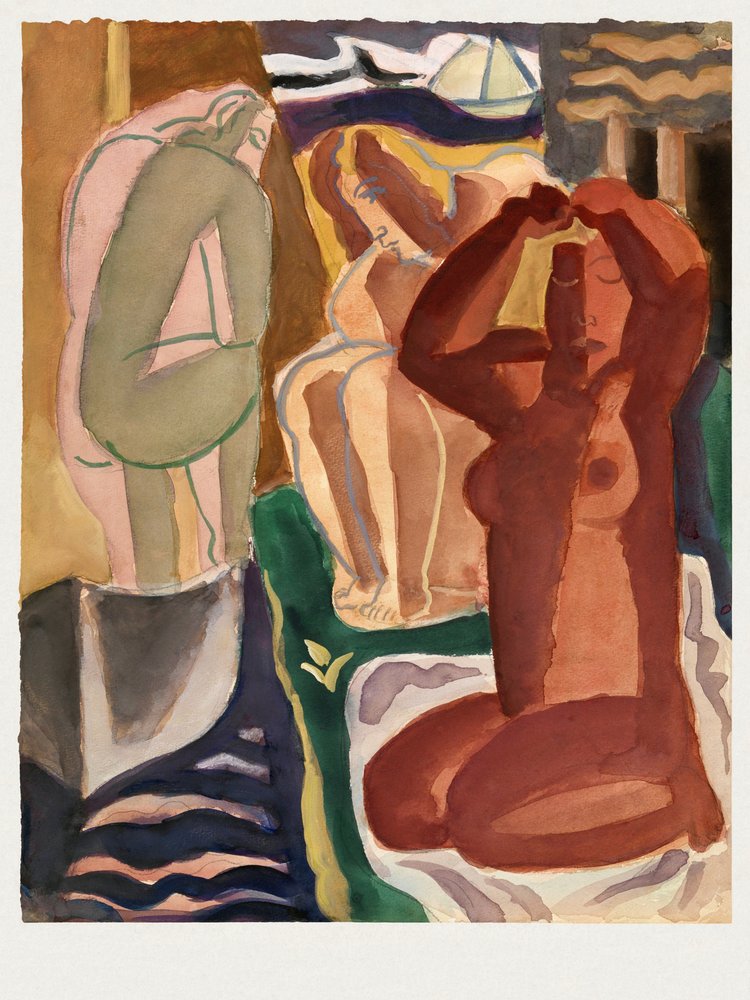 To badende kvinder og en brofigur  – Leo Gestel 60x80 cm med hvid kant af Leo Gestel