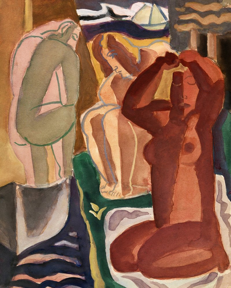 To badende kvinder og en bro, format 4x5, i god stand af Leo Gestel