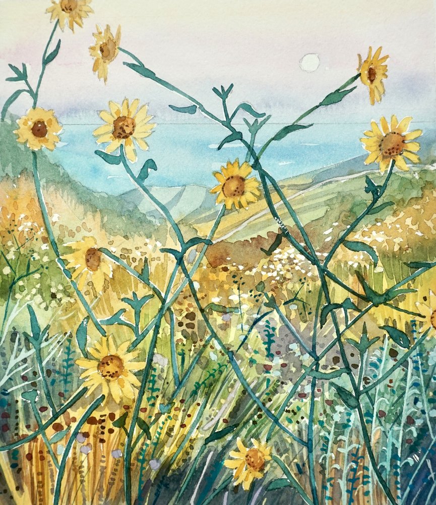 Solrige vilde blomster med havudsigt af Luisa Millicent