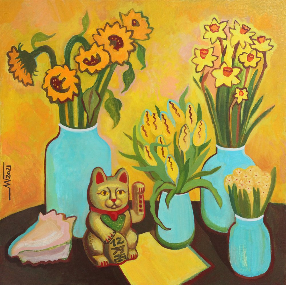 Glade blomster og heldbringende kat af Marina Gorkaeva