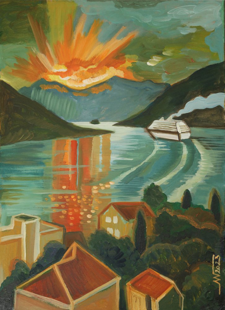 En livlig fjordsejlads ved solnedgang af Marina Gorkaeva