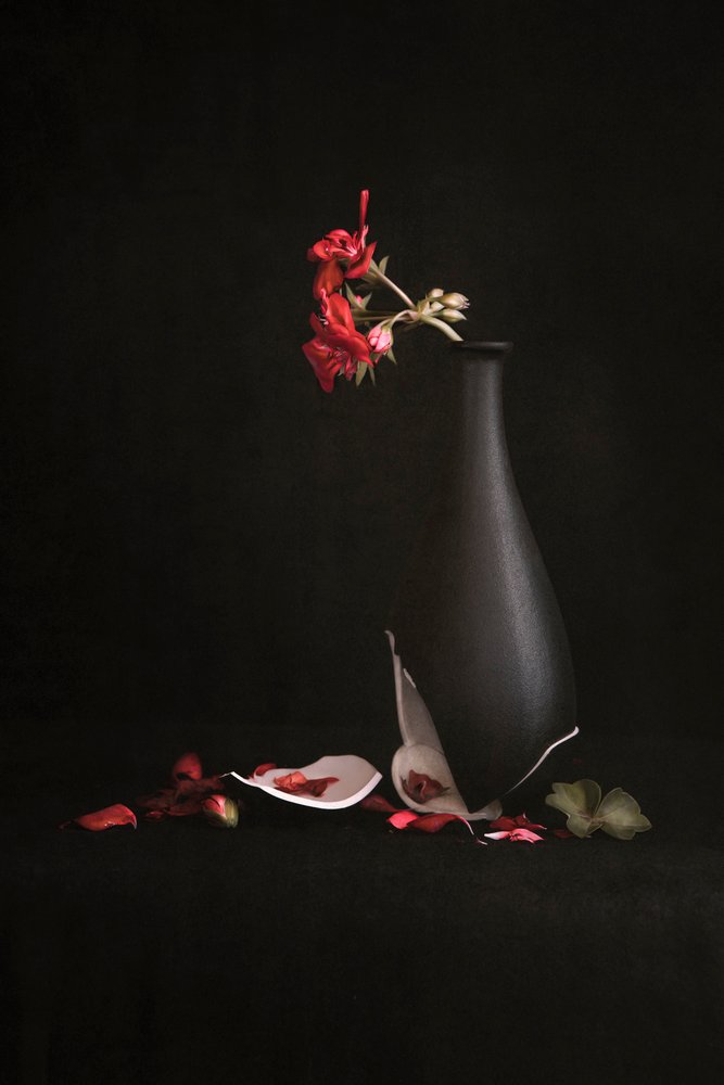 Knust vase med røde blomster af Martine Benezech