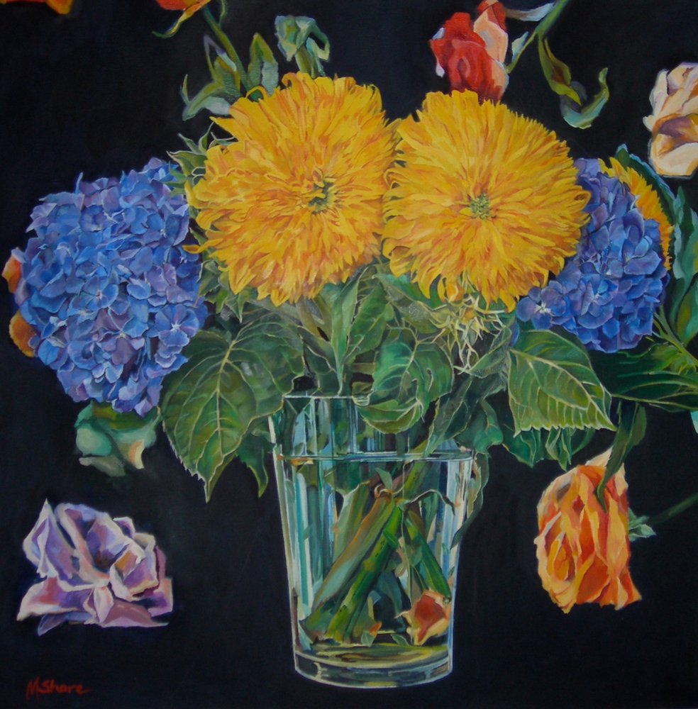Et livligt blomsterstilleben af Maxine Shore