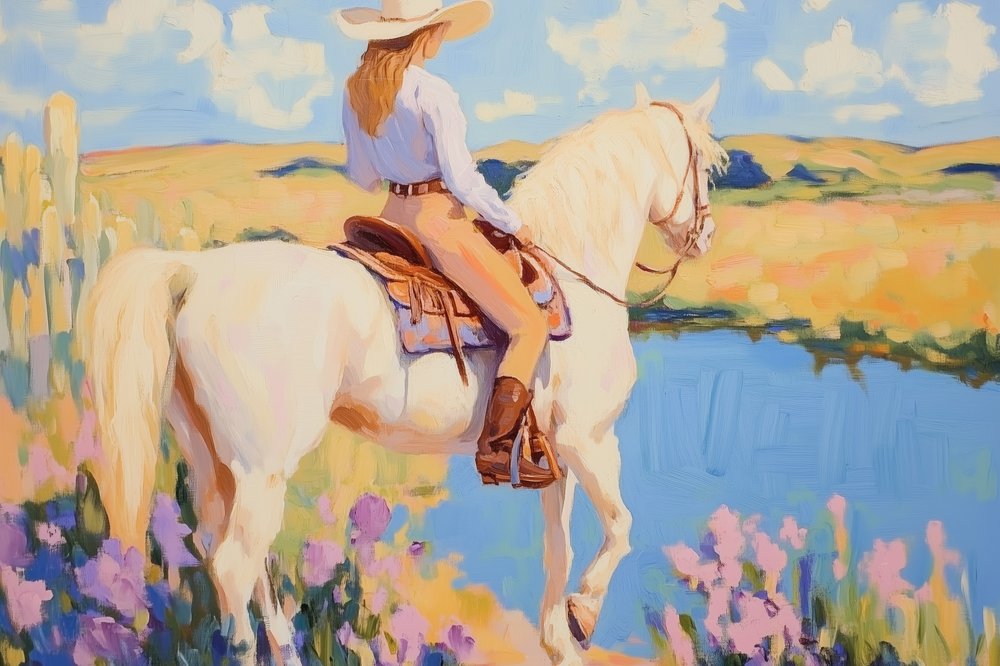 Cowgirl på en hvid hest af Melloi Art Prints