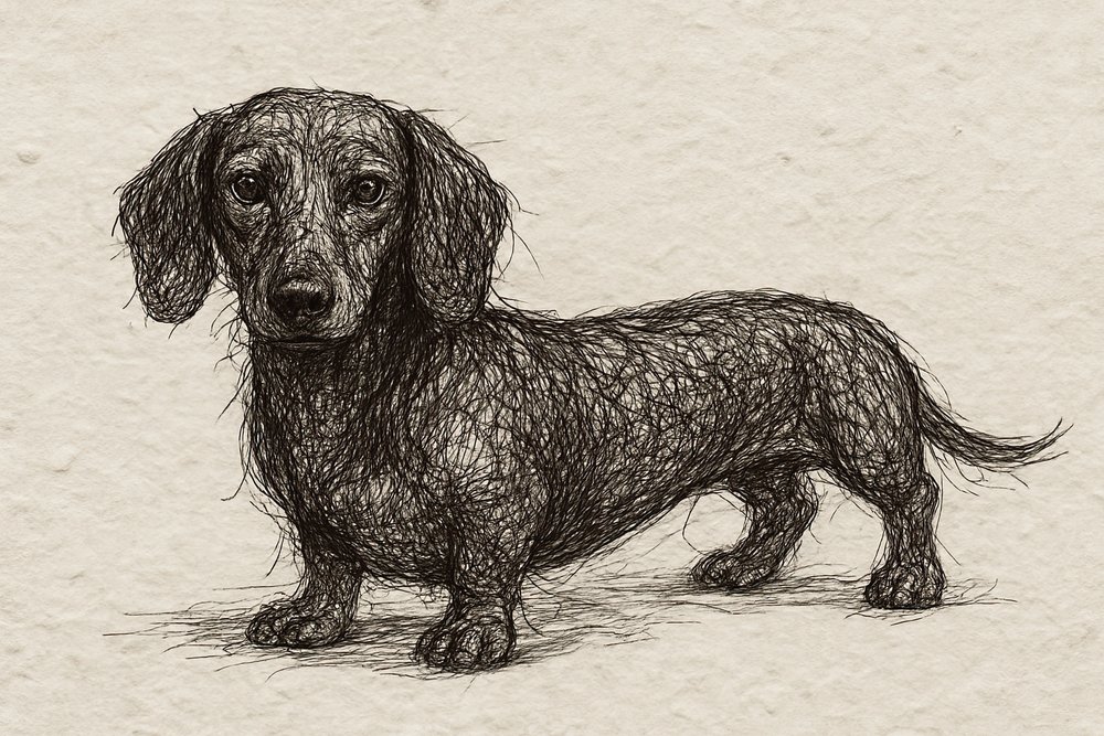 Tegning af en opmærksom gravhund af Natalie Bruns