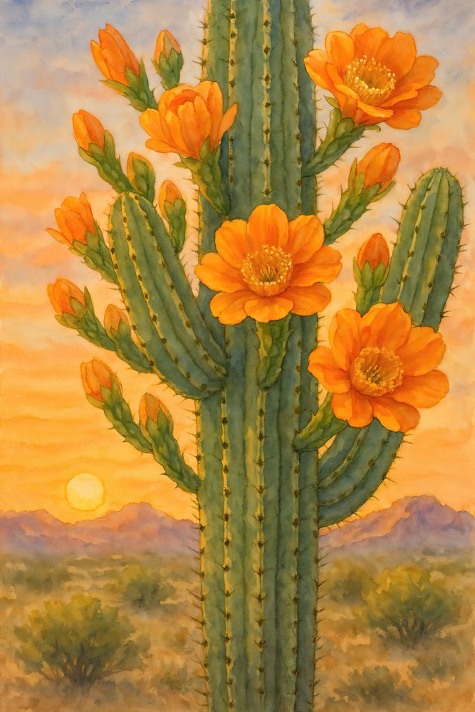 Blomstrende kaktus ved solnedgang af Natalie Bruns
