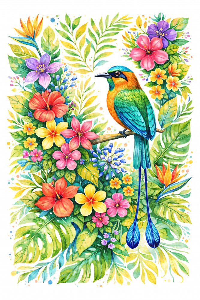 Motmot blandt tropiske blomster af Natalie Bruns