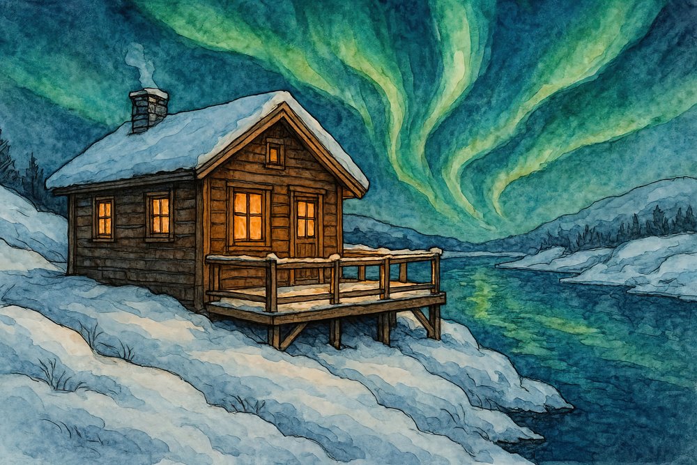Vinterhytte og nordlys af Natalie Bruns