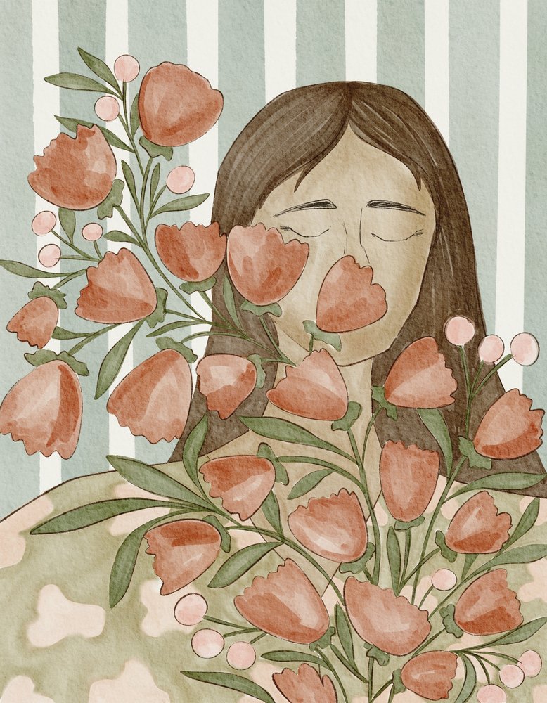 Fredfyldt kvinde med blomster af Nikita Jariwala
