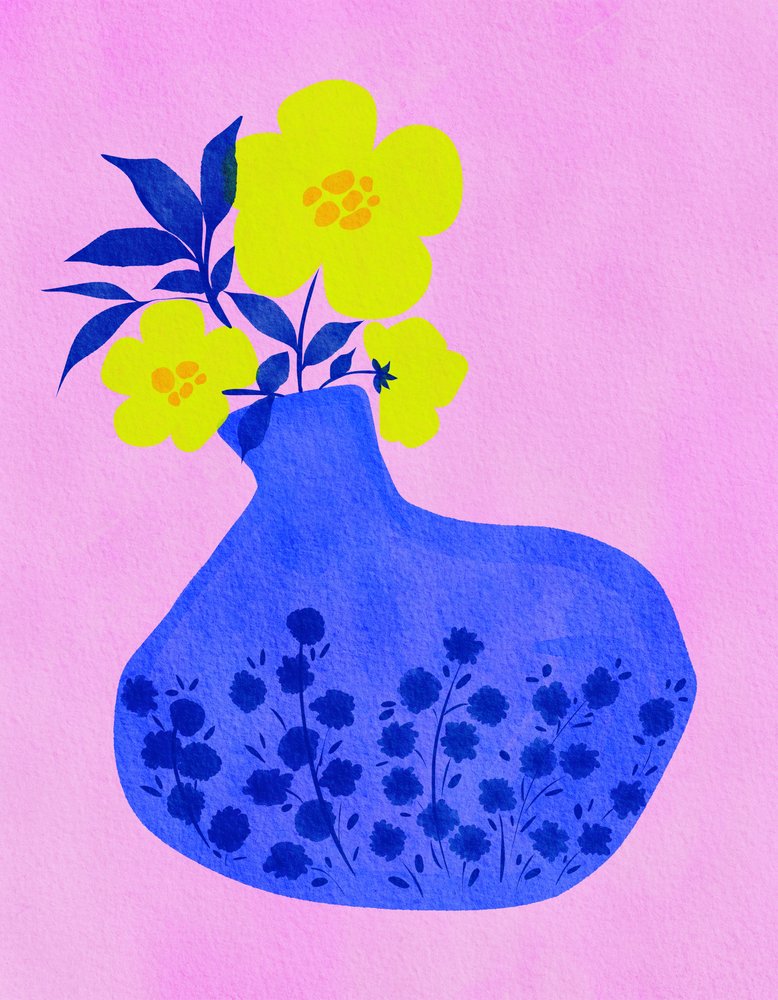 Blomster i livlige farver i blå vase af Nikita Jariwala