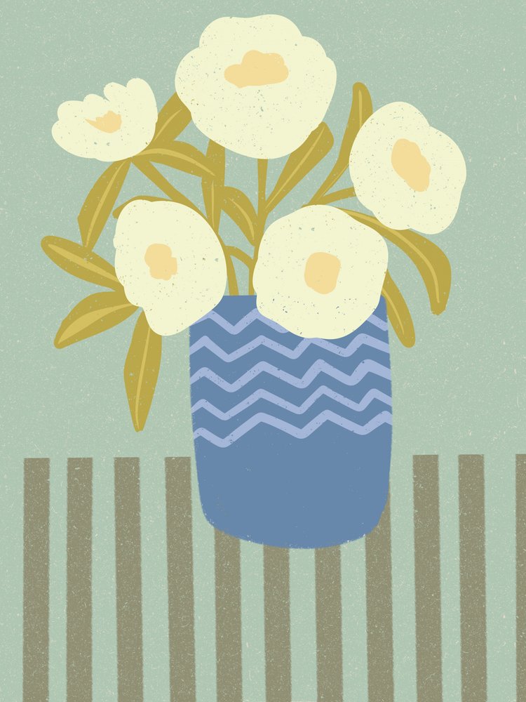 Hvide blomster i blå vase af Nikita Jariwala