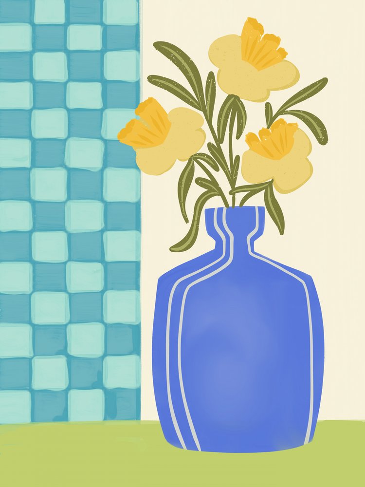 Gule blomster i en blå vase af Nikita Jariwala