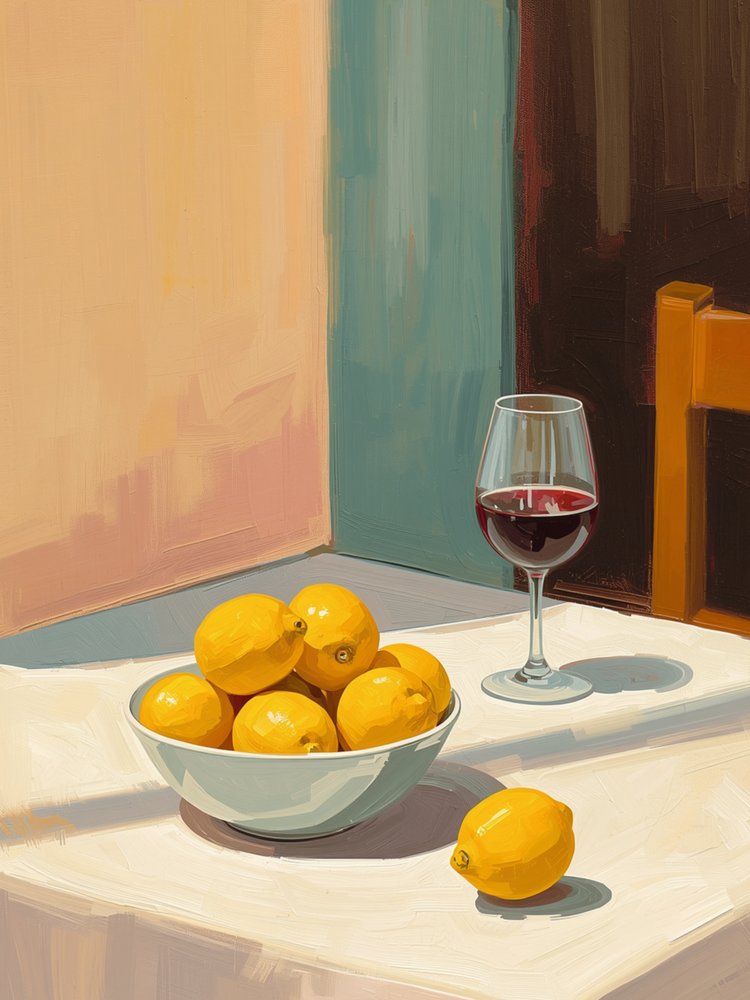 Stilleben med citroner og et glas rødvin af Ohkimiko