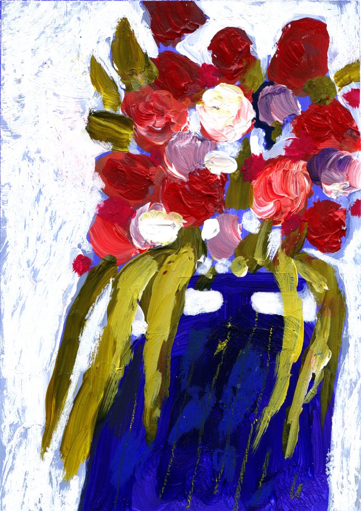 Farverige blomster i en blå vase af Olga Skomorokhova