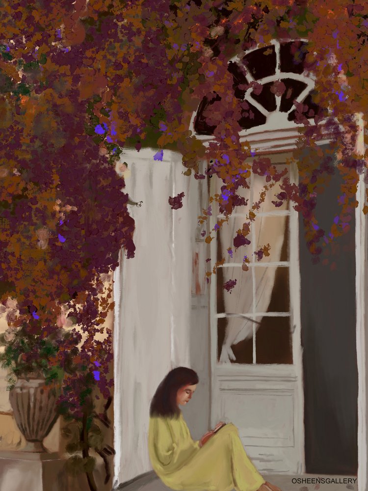 Stille læser under bougainvillea af Osheensgallery