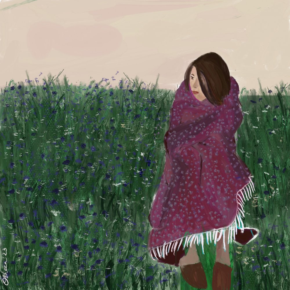 Kvinde i en mark med vilde blomster af Osheensgallery