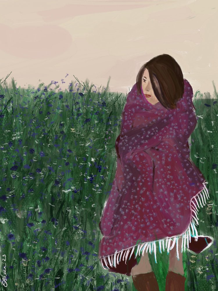 Indhyllet kvinde i en mark med vilde blomster af Osheensgallery