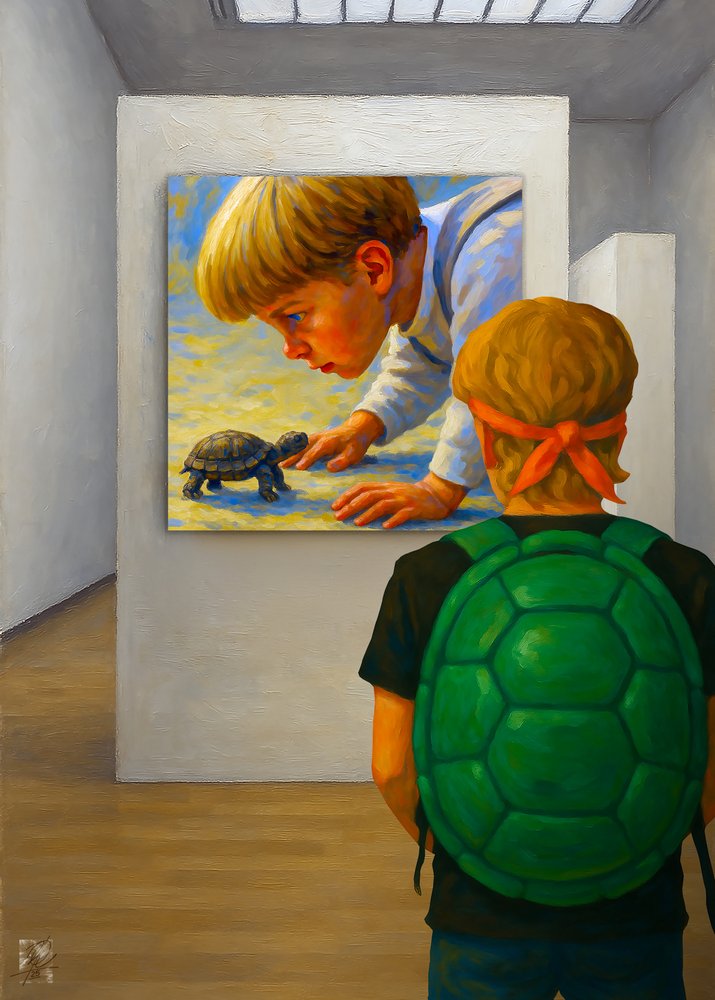 Maleri af en nysgerrig drengeskildpadde af Osvaldo Russo