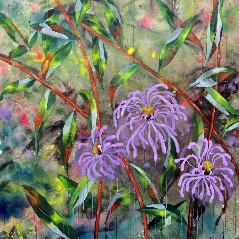 Farvestrålende lilla blomster i haven af Poonam Choudhary