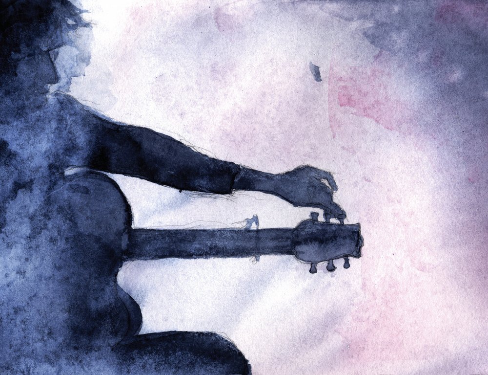 Blå akvarel-guitarist af RodMacIver