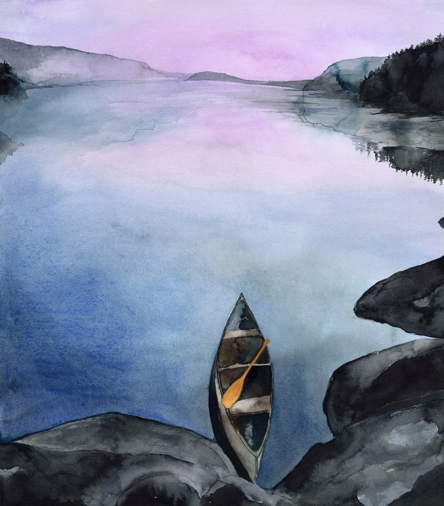 Fredelig kanotur på bjergsøen af RodMacIver
