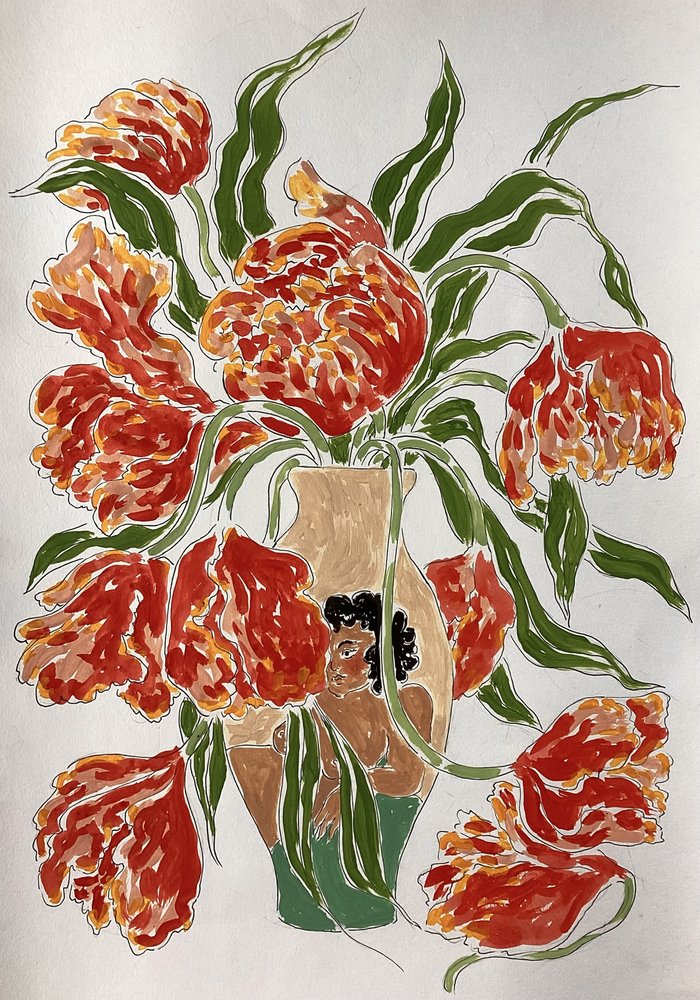 Farvestrålende tulipaner i en vase af Rushati Chowdhury