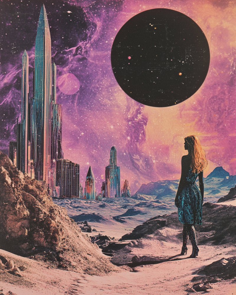 Kvindelig figur i et kosmisk bybillede af Samantha Hearn