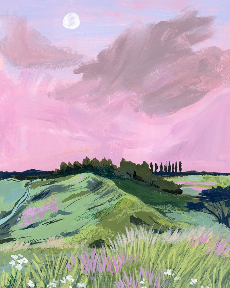 Lyserød himmel over bølgende bakker af Sarah Gesek